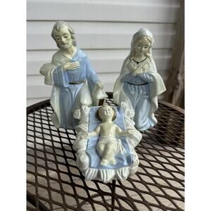Vintage, Paper Mache, Jesus, Mary and Joseph Christmas Nativity Blue & Cream